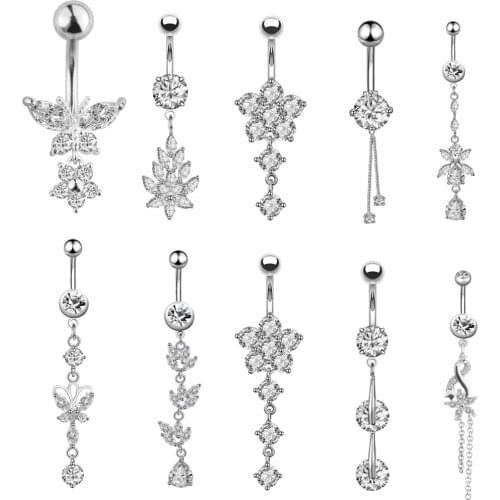 14G Crystal Flower Navel Rings CZ Leaf Dangling Belly Button Ring Navel Jewelry Steel Belly Button Piercings Sexy Navel Piercing