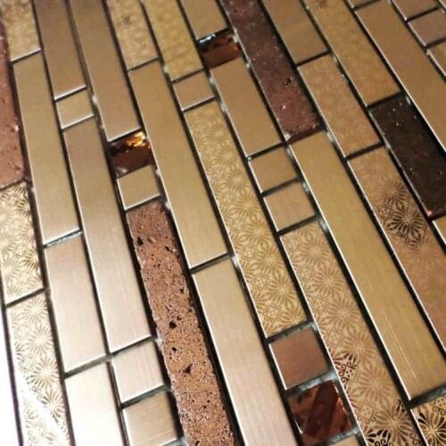 Short and long strip stainless steel mixed glass diamond tiles coffee mosaic metal tiles for kitchen backsplash wall mosaic