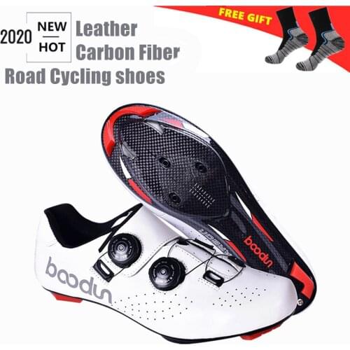 Boodun Carbon Fiber New Road cycling shoes Leather ultralight Self-Locking Shoes professional racing road bike bicycle sneakers