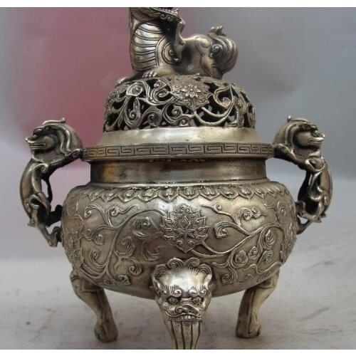 China Buddhism Fane White Copper Silver Foo Dog Lion Beast Incense Burner Censer
