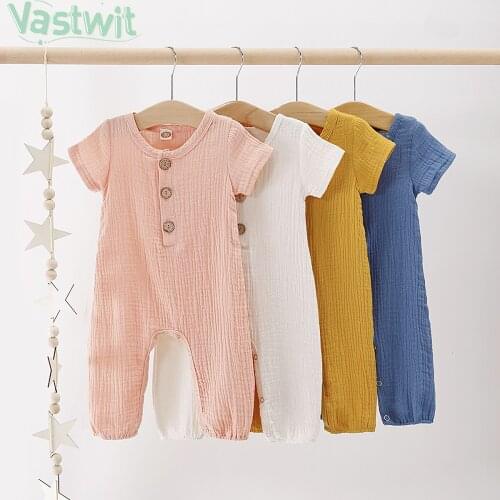 Summer Solid Newborn Baby Boys Girls Cotton Linen Bodysuits Toddler Kids Short Sleeve Onepiece Rompers Jumpsuits Outfits Sunsuit
