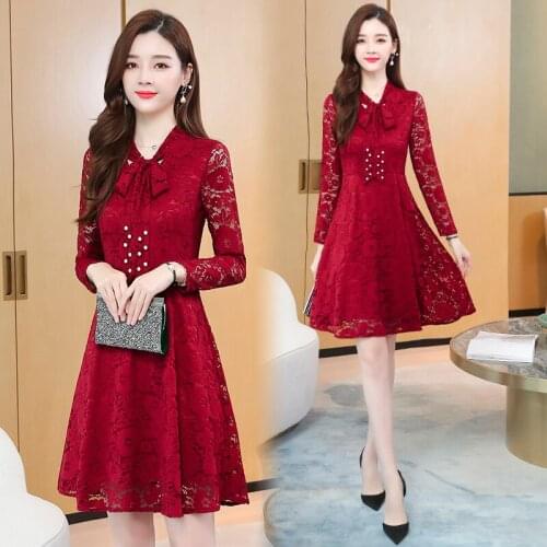 Summer Women Lace Dress Office Ladies Fashion Pearl Bow Hollow Work Dress Elegant Plus Size Knee-Length Midi Dress Spring Autumn