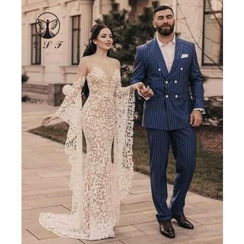 New Arrival Illussion O Neck Lace Long Sleeve Mermaid Sweep Train Wedding Dresses