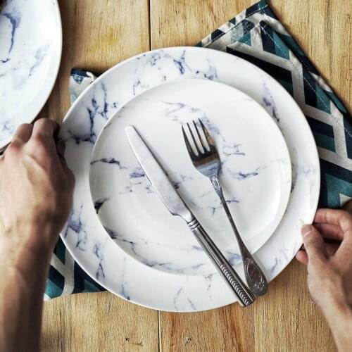 8 inch Fine Bone China Dinner Plate Blue Marbled Dinner Dishes Pasta Dessert Round Tray Household Dinnerware 20cm