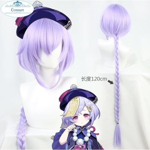 120cm Genshin Impact Cosplay Wig Qiqi Cosplay Wig Braided Women Light Purple 80cm Long Headwear Heat Resistant Synthetic Hair