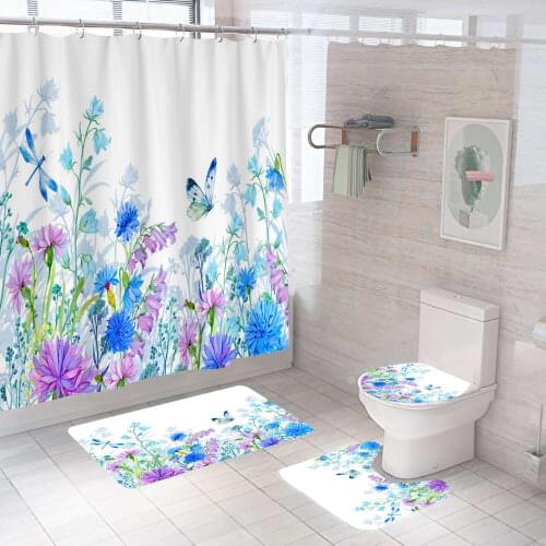 Blue Purple Shower Curtain Flower Pastrol Bathroom Set Fashion Pattern Bath Curtains Non Slip Toilet Cover Floor And Mat Rug Set