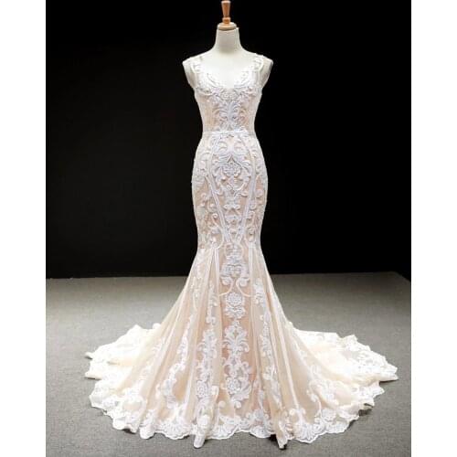 DD JYOY 2020 Mermaid Wedding Dress Embroidery Lace Bridal Gown V Neck Long Train Wedding Gown Lace Up Back Champagne Lining