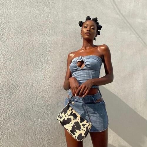 2021 Streetwear Corset Crop Top Summer Hollow Out Sexy Out Patchwork Denim Tank Tops Casual Party Wear Fashion Women Top