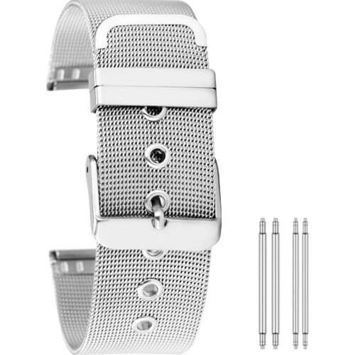 18mm 20mm 22mm Universal Stainless Steel Mesh Watchband Bracelet Unisex Silver Metal Wrist Band Strap Pin Buckle + 4 Spring Bars