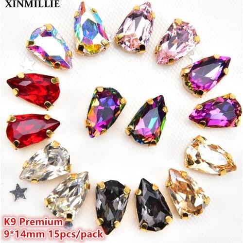 K9 Premium Crystal 9*14mm 15pcs/Pack Glass Shield Pointed Bottom With Gold Base Sew On Rhinestones Wedding Dress Decoration DIY