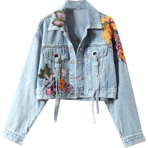 Autumn Women Sequins Denim Jacket Embroidery Jeans Coat Long Sleeve Slim Short Outerwear Student Casual Ladies Streetwear H1221