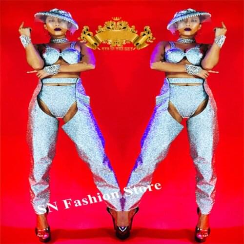K61 Women silver costumes ballroom dance outfit dj bodysuit catwalk performance show wears bikini clothe party dress bra hat bar