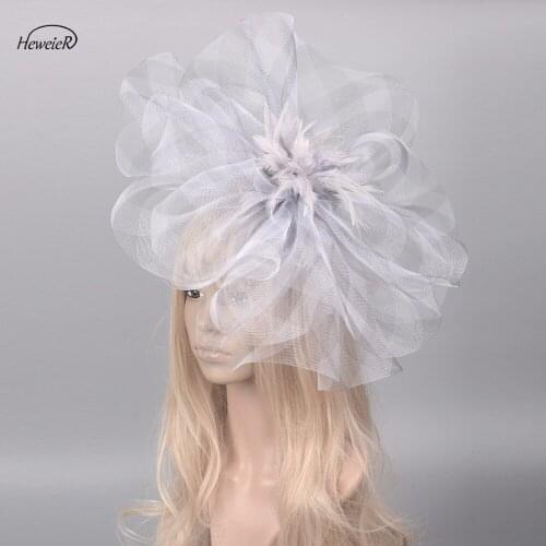 Elegant Ladies Women Large Mesh Feather Fascinators Hair Clips Cocktail Races Wedding Party Hat Headwear Hairpin Hairpieces Gray