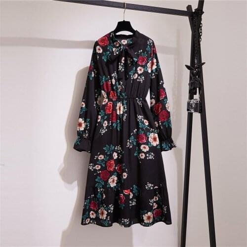2020 Autumn New Women Long Sleeve Chiffon Dress Floral Print Casual Long Dresses White Bow Floral Vestidos Vintage