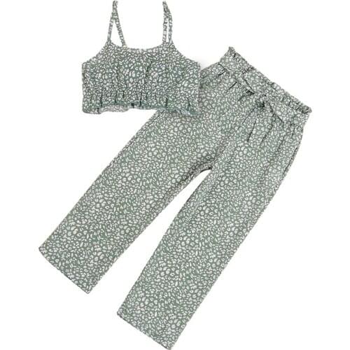 2021 Kids Summer Outfits Floral Camisole and Trousers Suit Suspender Cropped Tops and Long Pants Two Piece Clothing Set