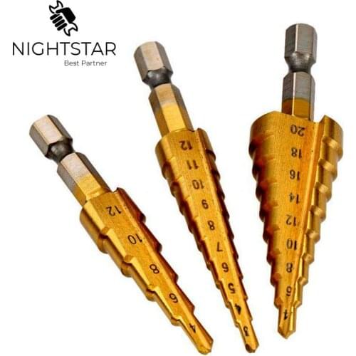 3Pcs Hss Step Drill Bit Set Cone Hole Cutter Taper Metric 1/4" Titanium Coated Metal Hex Core Drill Bits 3-12mm 4-12mm 4-20mm