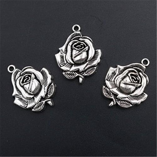 4pcs Silver Plated 3D True Love Rose Charm Retro Romantic Necklace Bracelet DIY Metal Jewelry Alloy Pendants 35*27mm A1442