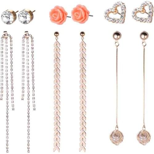 6 Pairs/lot Anti Allergy Stud Earrings Set Resin Flower Mixed Crystal Tassel Multi Shapes Jewelry For Women Romantic