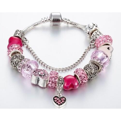 ANNAPAER Heart Charm Bracelet Femme & Bangles Women Jewelry Pink Crystal Pendant Bracelet DIY Handmade for Girl Gift B16074