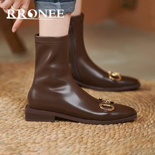 Horse title buckle square head flat heel autumn winter 021 new retro French comfortable skinny boots boots women