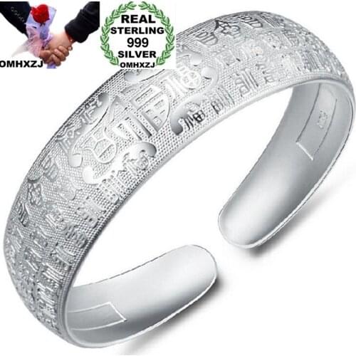 OMHXZJ Wholesale European Fashion Woman Man Party Wedding Gift Fortune Words S999 Sterling Silver Cuff Bangle BA29