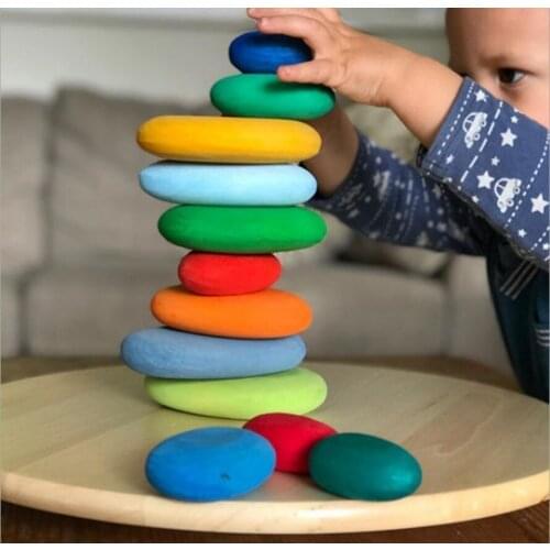 Kids Wooden Toys Rainbow Stacking Jenga Nature Flat Stone Dolls Rings Balls Building Blocks/Baby Early Learning Motessori Toy