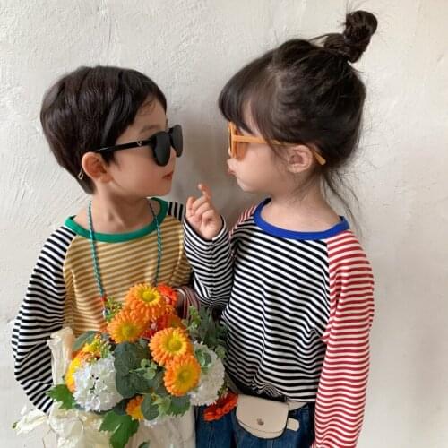 2021 Spring and Autumn Brothers and Sisters Cotton Striped Patchwork T-shirt for Boys and Girls Soft Casual Color Matching Top