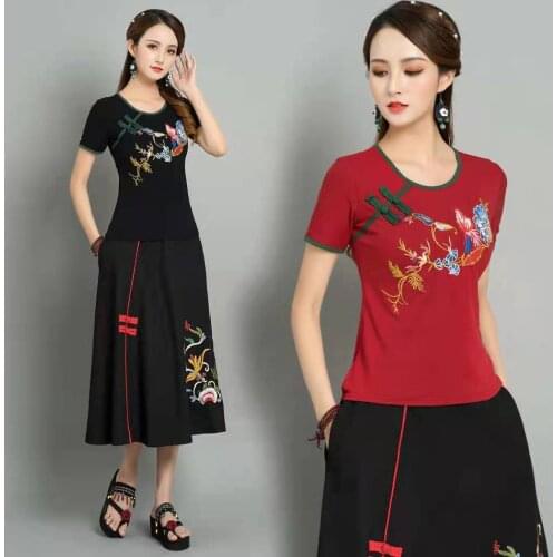 Cotton Linen Traditional Chinese Vintage Cheongsam Tops Embroidery Women O-neck Loose Style Clothing Retro Skirt Outfits