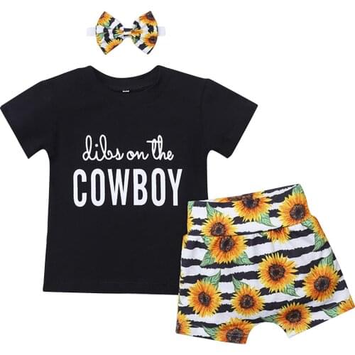Girls Summer Clothes Set New Kids Clothes Suit Children Clothes Letter Tops+Sunflower Shorts+Headband Fashion Girls Clothing Set