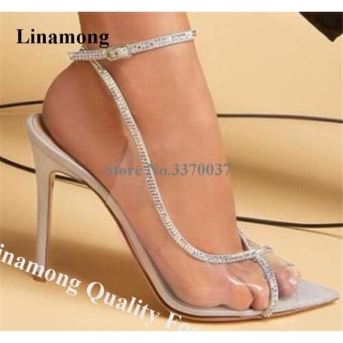 Linamong Bling Bling Rhinestone Thin Straps PVC Stiletto Heel Pumps Pointed Open Toe Transparent Crystal High Heels Dress Shoes