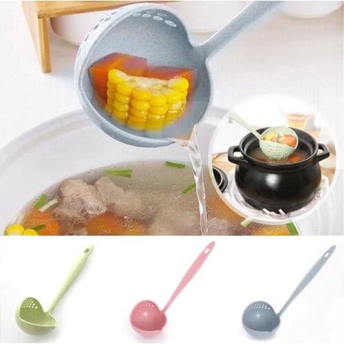 New Multifunctional Kitchen Two In One Strainer Spoon Filter Screen Wheat Straw Long Handle Spoon Colanders Kitchen Plastic Tool