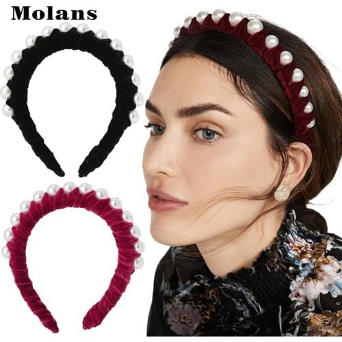 MOLANS Big Pearl Hair Hoop Velvet Pleated Fashion Headband Women Trend Hair Accessories Elegant Hair Band Turban Bezel 2020 New