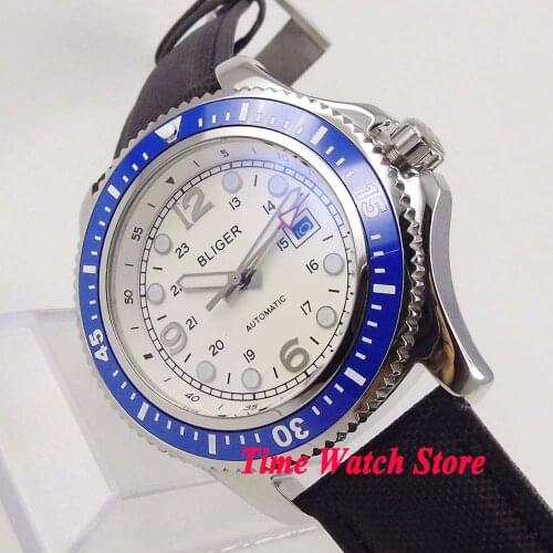 44mm Bliger Myota 8215 Automatic watch men waterproof black leather strap date white strile dial luminous blue bezel 151
