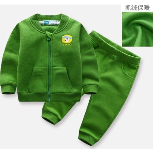 Boys and girls spring and autumn new childrens solid color zipper suit baby brushed cloth shirt pants two-piece suit