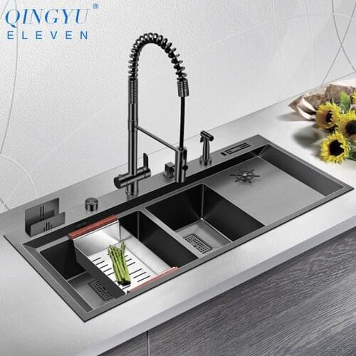 Large Size Nanometer Double Sink Cup Rinser Kitchen Sink 4mm Thickness 220mm Depth With Drain Plate Knife Holder Handmade Sinks