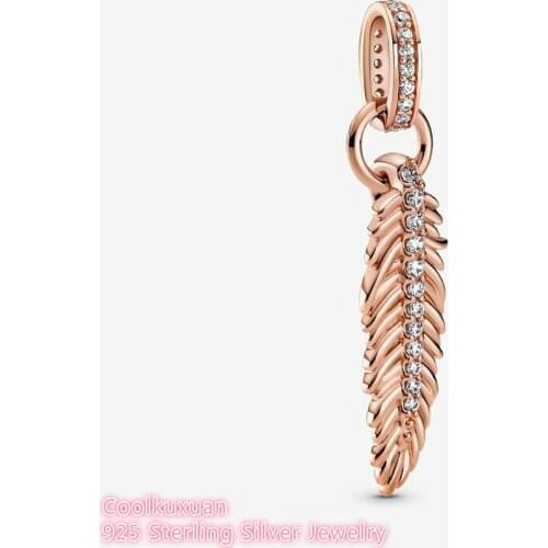 Original 925 Sterling Silver Rose gold Sparkling Feather Dangle Charm beads Fits Pandora bracelets Jewelry Making 2021 Autumn