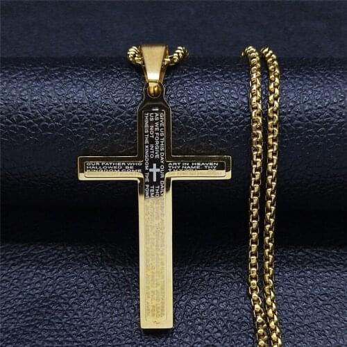 2021 Stainless Steel Cross Christian Scriptures Statement Necklace Women/Men Gold Color Necklace Jewelry collier homme NXH106S05