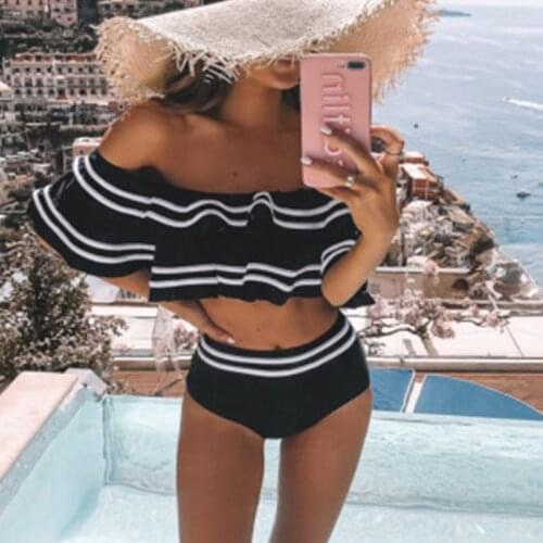 Sexy Off Shoulder Bikini Vrouwen Solid Swimwear Push Up Badpak Ruffle Biquini Hoge Taille Bikini Flounce Badpak Pad Streep