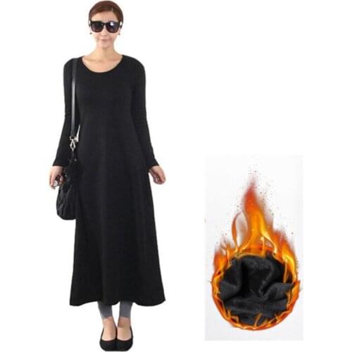 Plus Size O Neck Thick Long Dress Women Autumn Winter Full Sleeve A-Line Pullover Dress Warm Party Dress Large Size M-7XL