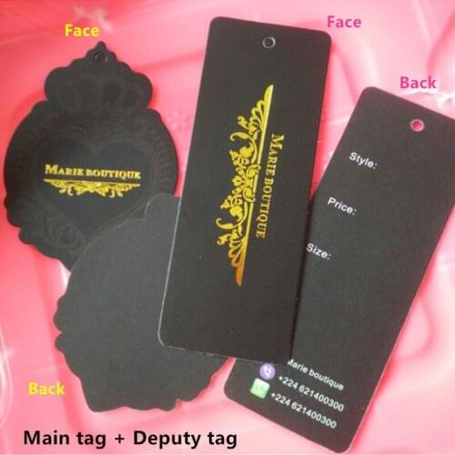 Custom Grade A 400 gsm Black coated paper tags Golden foil swing tag Main tags + Deputy tags