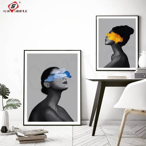 Modern Fashion Blindfolded Girl Poster Print Blue Yellow Cover Your Eyes Canvas Art Painting Wall Pictures For Living Room Decor