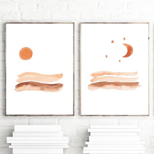 Watercolor Boho Posters and Prints Minimalism Sun and Moon Landscape Nordic Wall Pictures Painting for Living Room Decoration