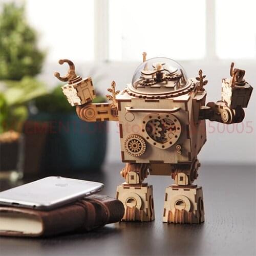 Robotime Steampunk Rotatable DIY Robot Wooden Clockwork Music Box Home Decor Beauty Gifts For Friends Children 10pcs