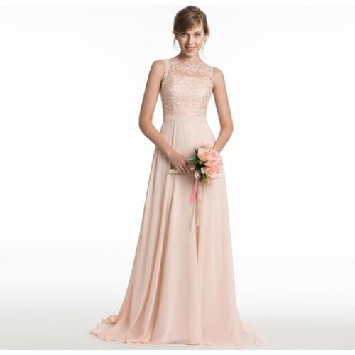 Платье New Chiffon Bridesmaid Dresses Long A-Line Lace Appliques Bow Sweep Train Illusion Back Prom Dresses Evening Dresses