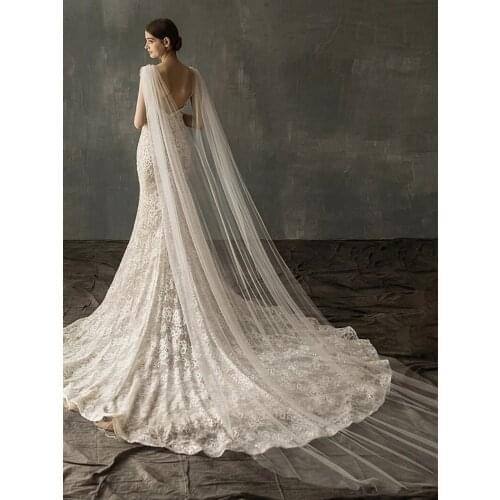 TOPQUEEN G19 Wedding Bridal Cape Veil Wedding Long Bridal Veils Trailing Cathedral Cape Sheer Long Bridal Wrap with Beaded Pins