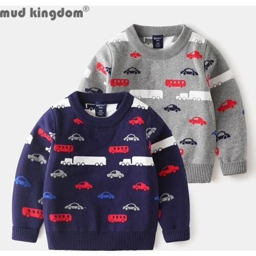 Mudkingdom Boys Sweater Full Prints Cars Long Sleeves Plus Crew Neck Velvet Thicken Tops for Kids Drop Shoulder Casual Clothes