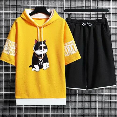 Streetwear Mens Sets Korean Men Clothing Print Hooded Short Sleeve T Shirts+Casual Elastic Waist Shorts Fashion Tracksuit Men