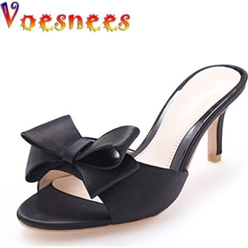 Voesnees Womens Slippers Low Heel Shoes 2021 Summer New Fashion Sexy Silk Bowknot Sandals ladies wedding Shoes Party Red Black