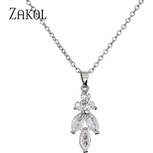 ZAKOL Luxury Temperament Water Droplets Leaf Cubic Zirconia Chain Pendant Necklaces Women Bride Wedding Jewelry NP3100