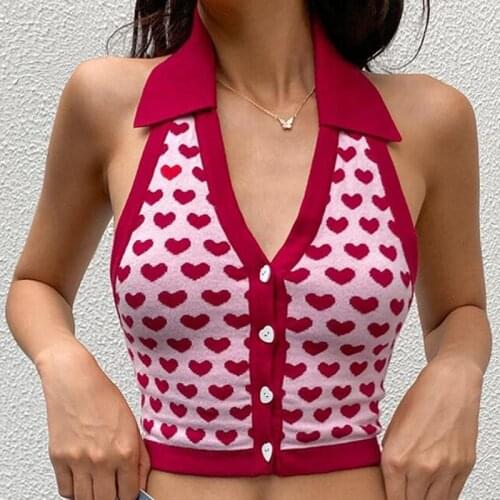 Womens Heart-shaped Print Tank Tops Summer Female Pink Sexy Button Front Lapel Sleeveless Knitted Crop Tops